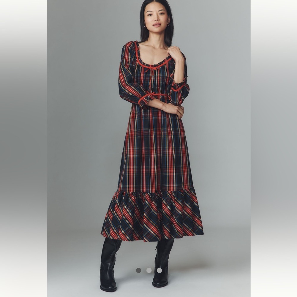 🎉RARE🎉 Anthropologie NWT Pink City Prints Agatha Scoop-Neck Ruffle-Hem Midi  L. - Picture 2 of 8